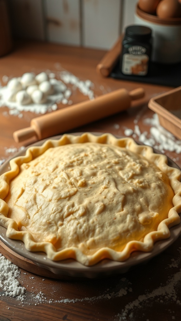 A golden brown pie crust in a dish on a wooden table, with flour and a rolling pin in the background.